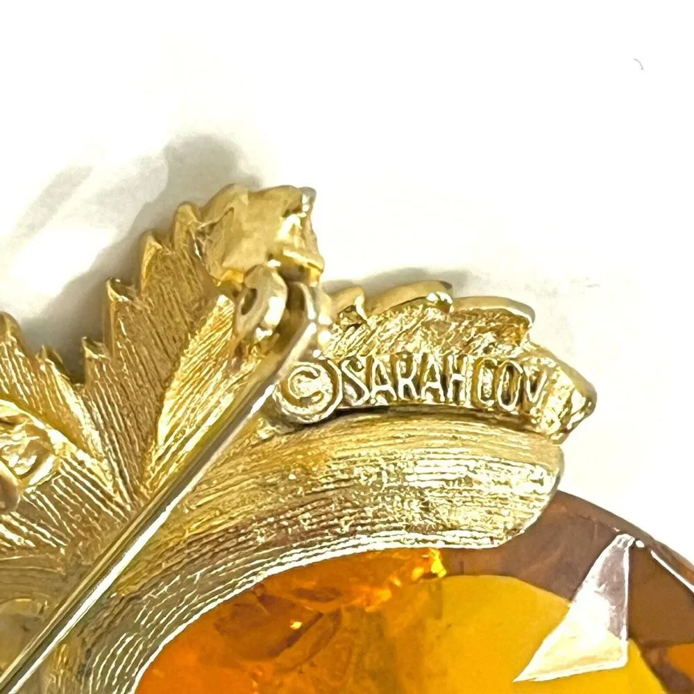 Mid Century Sarah Coventry Gold Tone Amber Glass Leaf Brooch Statement Pin